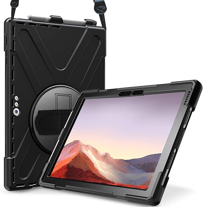 ProCase Surface Pro 6/ Surface Pro 5/ Pro 4/ Pro LTE Case Full Body Hybrid Protective Case 360 Degree Rotatable Heavy-Duty Cover with Adjustable Hand Strap Shoulder Belt and Kickstand -Black