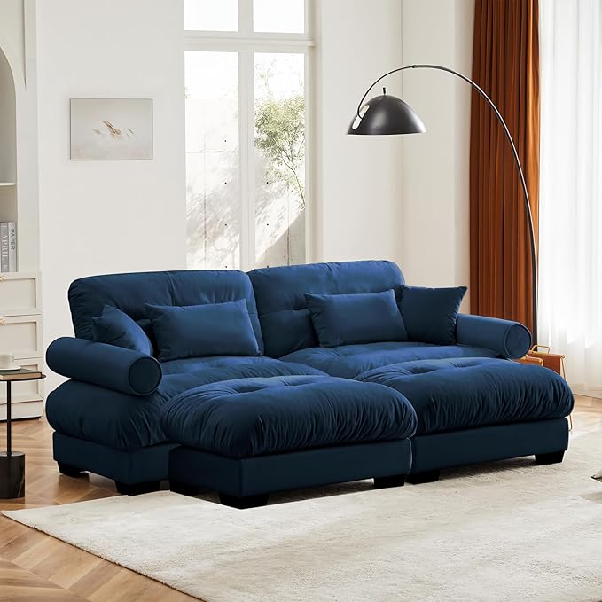93.7" Loveseat Sofa, 2 Seater Modular Sectional Sofa, Blue Large U Shaped Sectional Couches for Living Room, Fluffy Couch, Love Seat, Velvet Cloud Couch with Ottoman, Deep Seat Sofas for Living Home