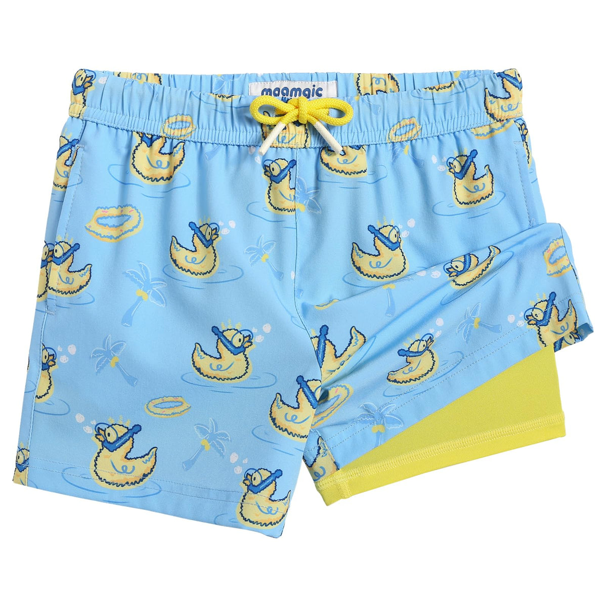 maamgic Boys Swim Trunks with Compression Liner Toddler Stretch Swim Shorts Quick Dry Swimming Trunks Boxer Brief 2 in 1 Beach Shorts Blue Rubber Ducky 14/16