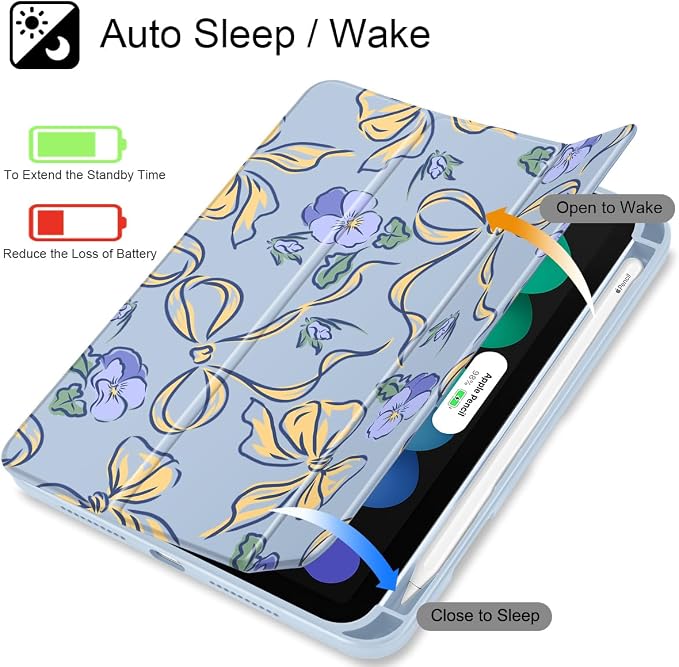 Case for iPad mini (A17 Pro 7th Generation) 2024/iPad Mini (6th Gen) 8.3 Inch with [Built-in Pencil Holder] Shockproof Cover with Clear Transparent Back Shell &amp Auto Wake/Sleep - Blue Bows