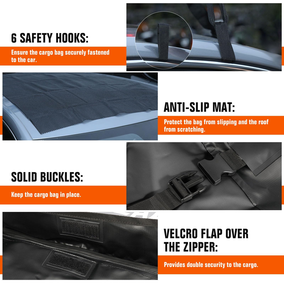 ACLONG 21 Cubic Feet Car Roof Bag 840D Waterproof Rooftop Cargo Carrier Bag for All Cars with/Without Racks Includes Anti-Slip Mat Storage Bag Combination Lock 6 Door Hooks
