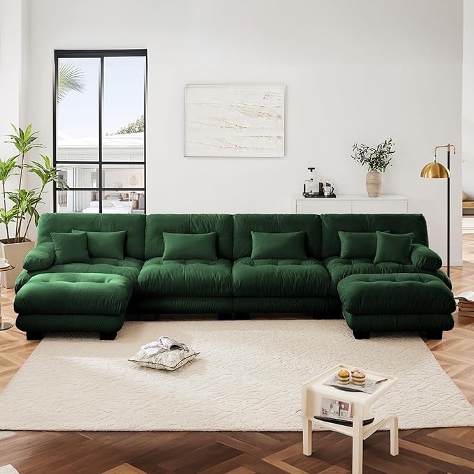 173.2" Oversized Couch, 4 Seater Modular Sectional Sofa, Green Large U Shaped Sectional Couches for Living Room, Fluffy Chenille Fabric Cloud Couch with Ottoman, Deep Seat Sofas