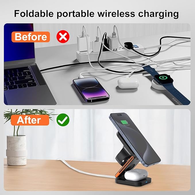 3 in 1 Wireless Charging Station Foldable Magnetic Travel Charger Stand Compatible with iPhone 16/15/14/13/12 SeriesWatch(20W USB-C Charger Included)