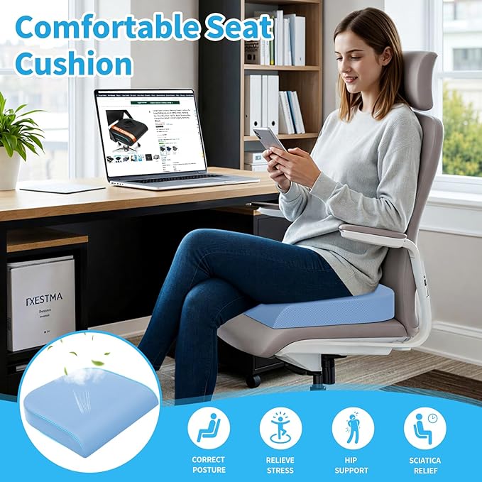 XLarge Seat Cushion, Memory Foam Cushion for Long Sitting Hours on Office Chair, Home & Car, Non-Slip Chair Pad for Relieving Back & Sciatica & Hip & Coccyx Pain (Light Blue)