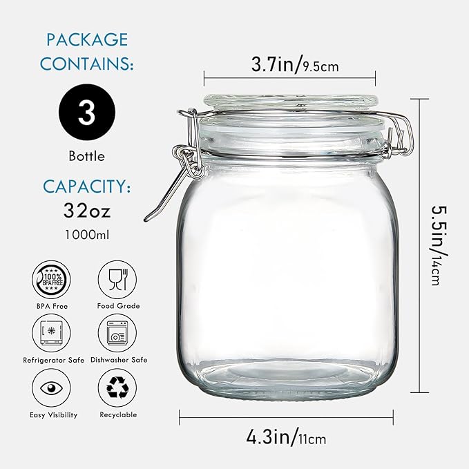 YEBODA 32oz Food Storage Canister Glass Jars with Clamp Airtight Lids and Silicone Gaskets for Multi-Purpose Kitchen Containers - Clear Square (3 Pack)