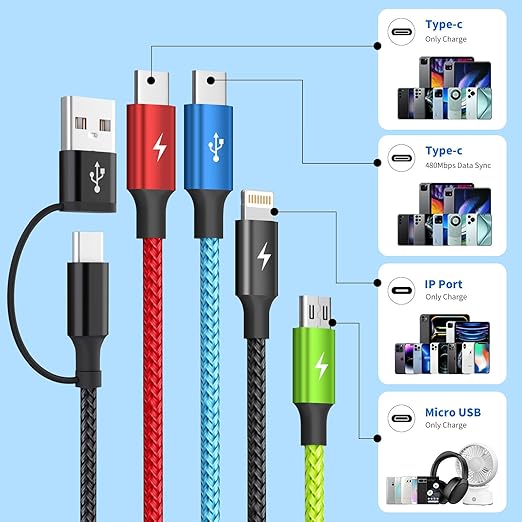4 in 1 Multi Charging Cable 2 Pack 6FT Charging Cords for Devices | Nylon Braided USB C Car Charger Cable with Dual USB-C IP &amp Micro Ports Long Travel Charging Cord for Cars