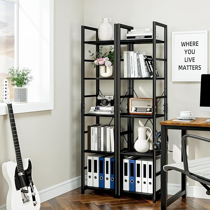 NUMENN 5 Tier Slim Bookshelf, Tall Bookcase Shelf Storage Organizer, Modern Book Shelf for Bedroom, Living Room and Home Office, Black