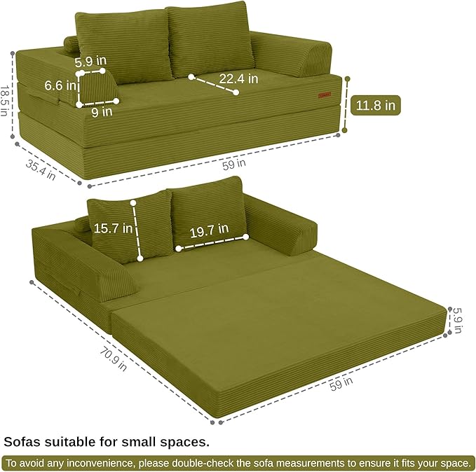 COMAX Convertible Sofa Bed, Folding Floor Couch Corduroy Fold Out Couch Bed Futon Sleeper Mattress with Pillows, Boneless Sofa Comfy Lounge Loveseat for Living Room Bedroom, Light Green