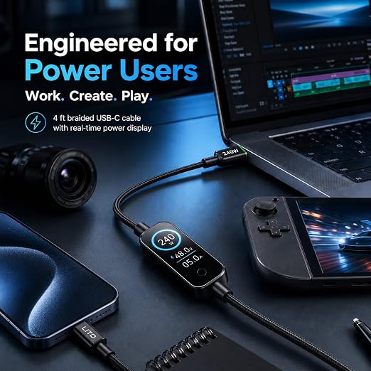 LITO 240W USB C to USB C Cable with TFT Touch Screen PD 3.1 EPR Braided Fast Charging Cord for Power Monitoring Compatible with iPhone 17/16/15 MacBook Laptop Galaxy Pixel Steam Deck 4FT