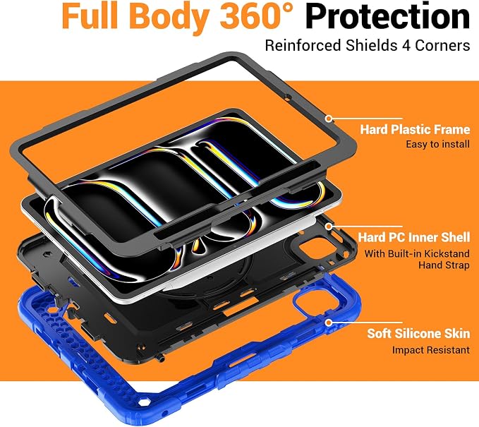 for iPad Pro 11 inch Protective Case M5 2025/M4 2024: Heavy Duty Shockproof Case with Pencil Holder - 360°Rotating Handle/Stand - Screen Protector - Shoulder Strap Black/Sky Blue
