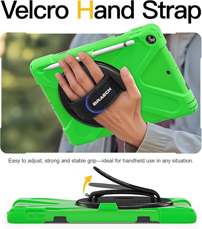 BRAECN Case for iPad 6th/5th Generation - 9.7 inch 2018/2017 Black | Protective Heavy Duty Shockproof Rugged Cover for Kids/Adults 360° Rotating Hand Strap/Stand &amp Detachable Shoulder Strap