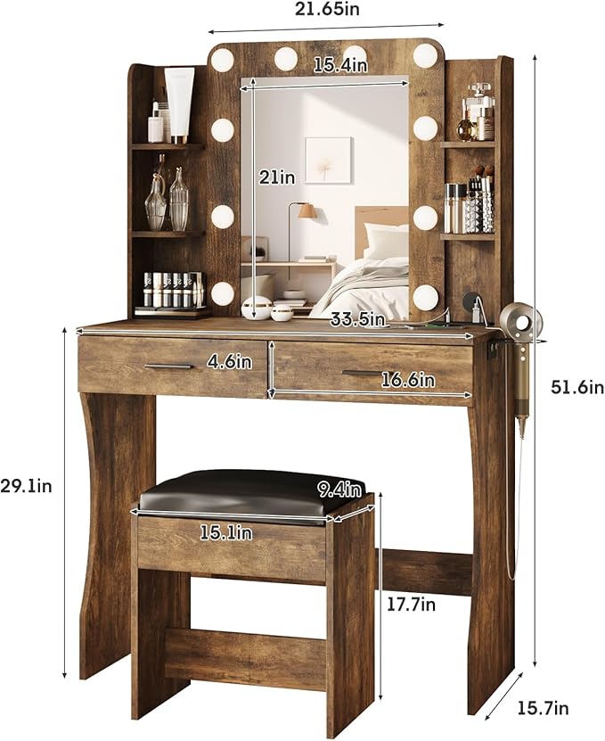 Maupvit Vanity Desk with Mirror and Lights,Makeup Vanity Table Set with Power Outlet,3 Lighting Modes & Adjustable Brightness Dressing Table with 2 Drawers for Bedroom Dressing Room,Rustic Brown