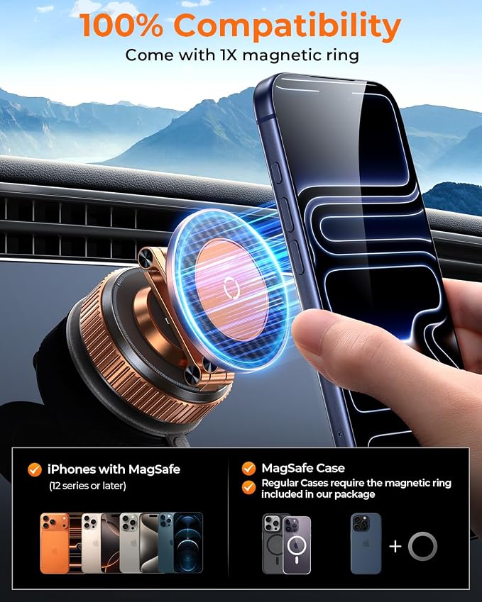 Vacuum Magnetic Car Phone Holder for Magsafe，Long Arm for Tesla Model Y/3 | All Metal，Nano Gel 119+LBS Max Suction，Foldable Hidden Tesla Phone Mount，360°Rotation，Easiest Car Mount for iPhone &amp And