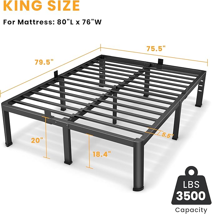 20 Inch King Size Metal Platform Bed Frame with Round Corners, Storage Space Under High Bed Frame-Heavy Duty Steel Slats Support, Noise Free - Easy Assembly - No Box Spring Needed