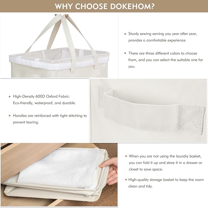 DOKEHOM 90L X-Large Laundry Basket with Removable Wash Bag on Wheels, Collapsible Rolling Laundry Hamper, Foldable Clothes Organizer, Folding Washing Bin (Beige)