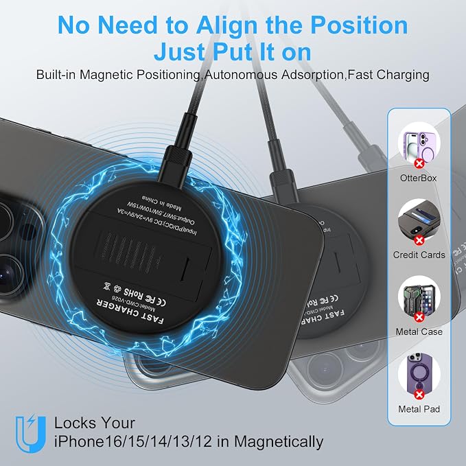 Wireless Charger Fast Charging Pad Magnetic Compatible for iPhone 16E/16 | 15W Wireless Charger Stand Station Kickstand Android Phone Compatible for iPhone 16 Pro Max/17e/17 Air/17 Pro Max/15/14/13/12