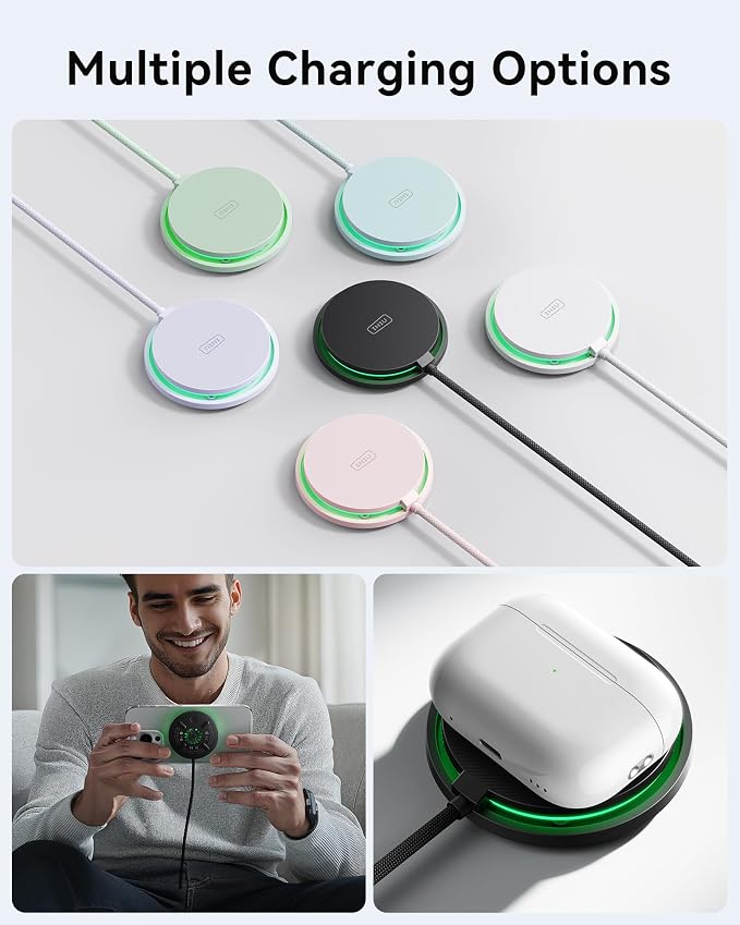 INIU Magnetic Wireless Charger Qi2 15W Fast Charging Pad Travel Charger | MagSafe-Compatible with LED Light Cooling Fan Smart Protection for iPhone 17-12 Series AirPods 4-2(20W Adapter Included)