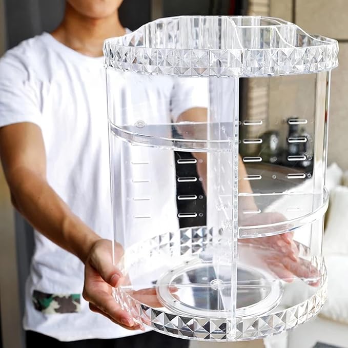 Diamond Pattern Cosmetic Storage Box, 360 Degree Rotating Makeup Organizer, Transparent Desktop for Lipstick Skincare, Stable Base Organizer