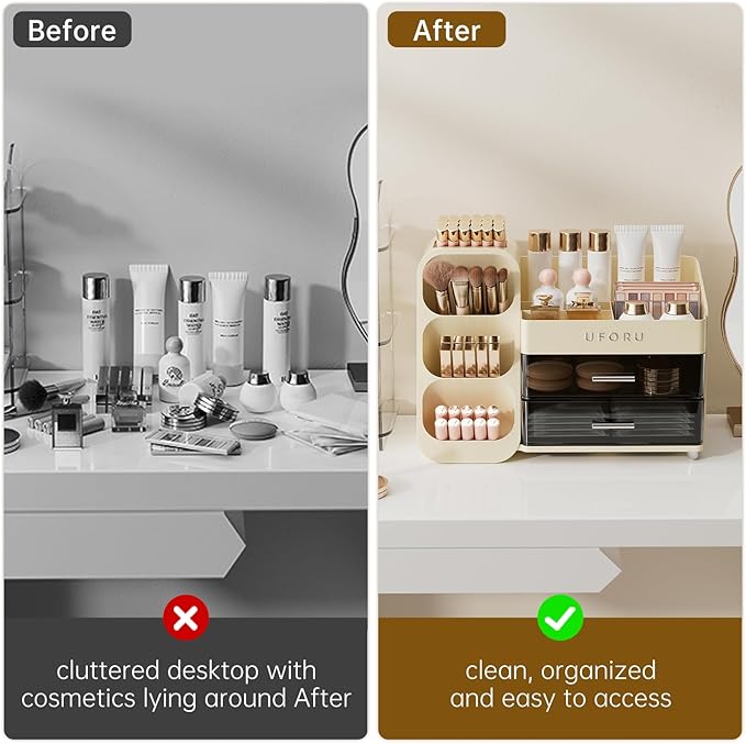 Makeup Organizer for Vanity with Brush Holder, Countertop Organizer with 2 Drawers, Spacious Cosmetic Display Case for Beauty Essential, Skincare, Lipstick