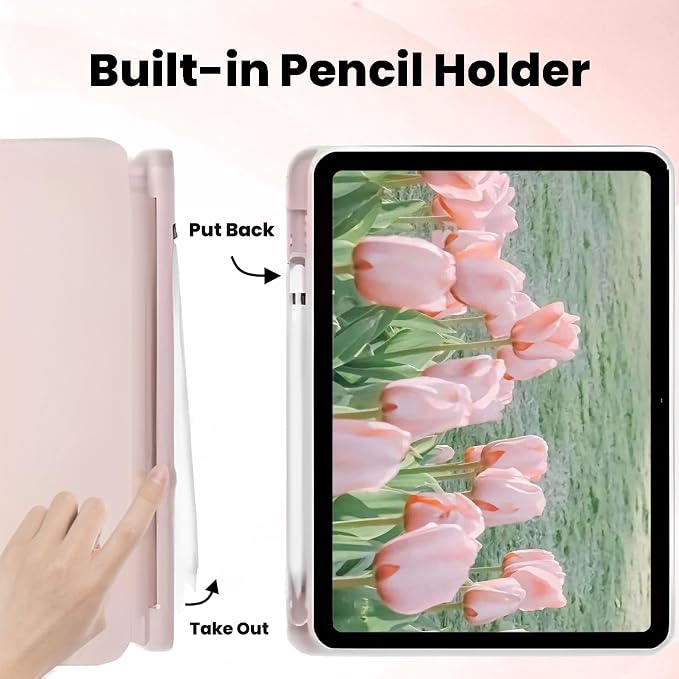 for iPad A16 11 Inch 2025 /for iPad 10th Generation 10.9 Inch 2022 Cute iPad Black Case with Pencil Holder-[Auto Wake/Sleep] Trifold Stand Soft TPU Protective Cover Pink Bows