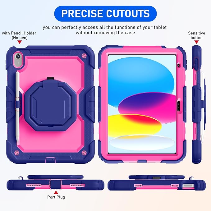 Case for iPad (A16) 11th/10th Generation 11/10.9 2025/2022 Black | Full-body Heavy Duty iPad A16 Case for Adults Kids with Screen Protector 360° Rotating Stand Shoulder Strap Pencil Holder