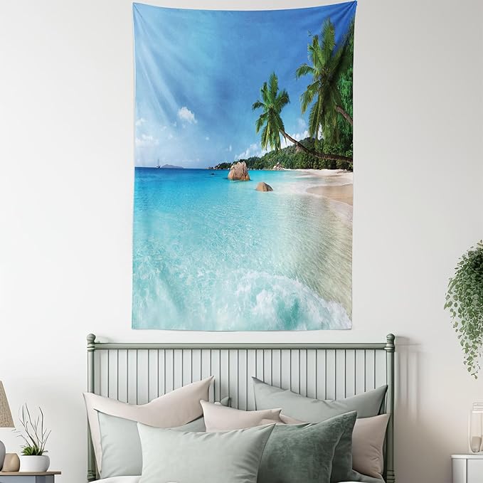 Ambesonne Ocean Tapestry, Anse Lazio Beach at Praslin Island Surfing Beach Scenic View Travel, Fabric Wall Hanging Decor for Bedroom Living Room Dorm, 23" X 28", Blue and Turquoise