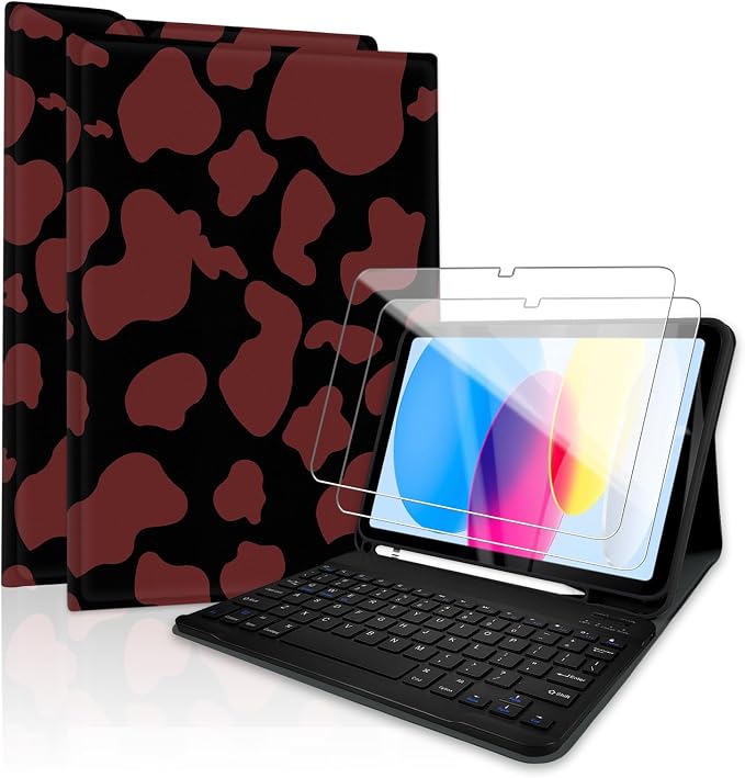 for Bluetooth Keyboard for iPad 10th Gen 10.9 inch (2022) case (A16) 11th / 10th Gen Case 11'' (2025) with 7-Color Backlights Pencil Holder Detachable Rechargeable - Black Cow