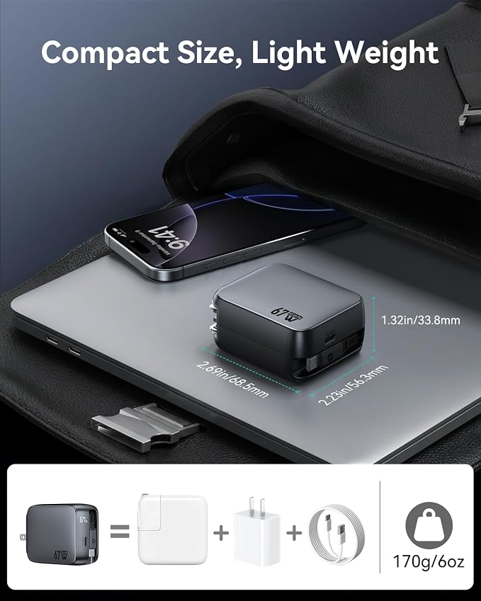 Retractable USB C Charger 67W 2-Port Fast Charger with Retractable Cables and Foldable Plug