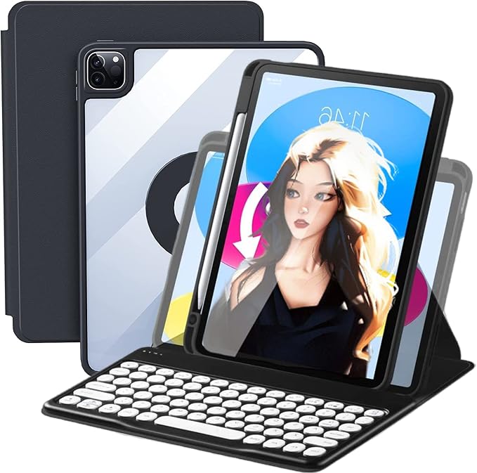 Keyboard Case for iPad 11 inch 2025(A16)/iPad 10 2022 Vertical Case with Pencil Holder Magnetic Stand Rotating Detachable Keyboard with Clear Back (Black)