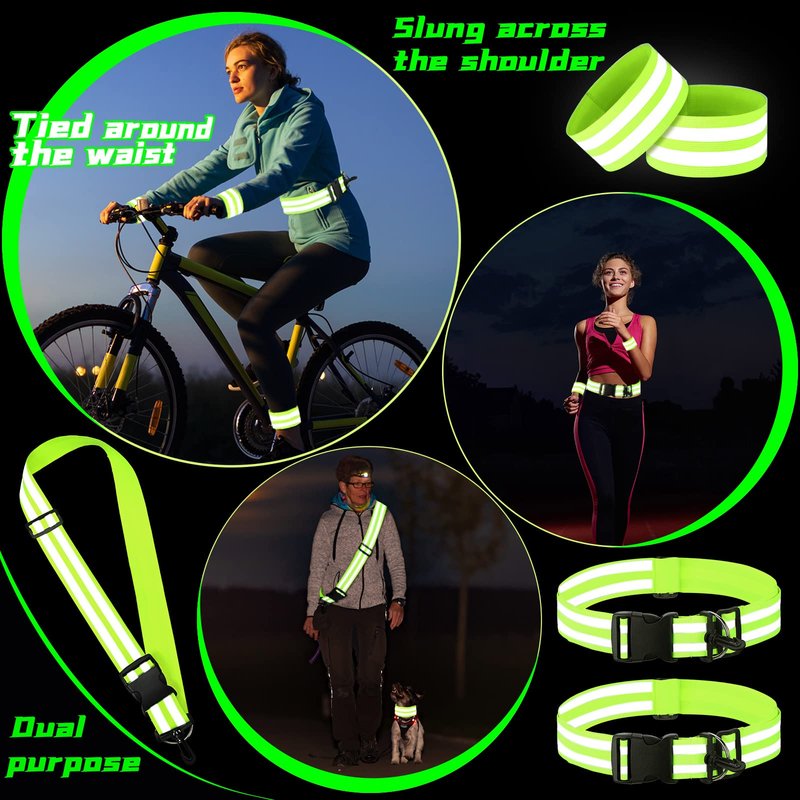 Saintrygo 6 Pcs Reflective Sash for Walking at Night Reflective Strap Arm Band High Visibility Belt Safety Ankle Strap for Visibility Vest Clothing Running Gear(Fluorescent Green)