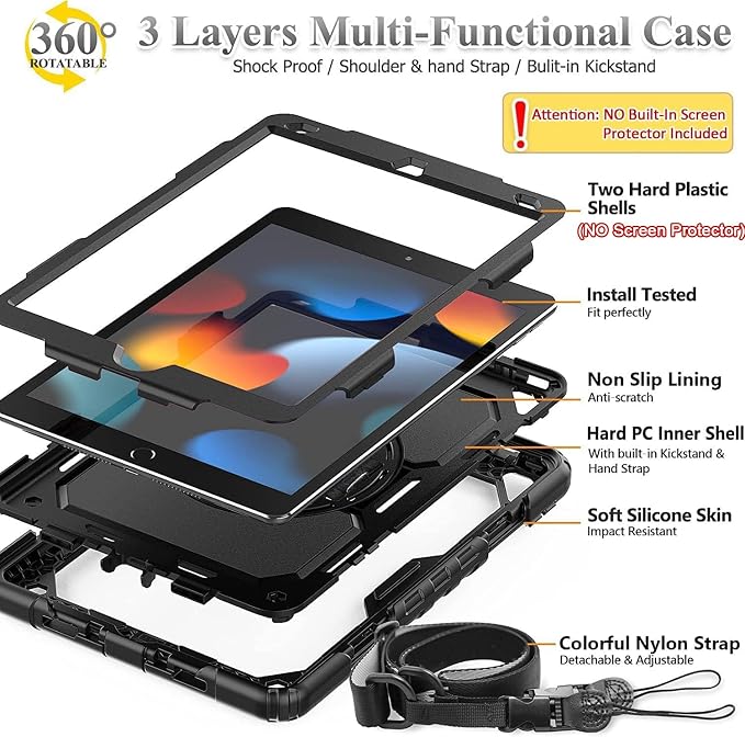 BMOUO for iPad 9th/8th/7th Generation Case 10.2 Black | Shockproof Rotating Stand Shoulder Hand Strap iPad 9th/8th/7th Generation Case with Pen Holder for iPad 10.2“ 2021/2020/2019