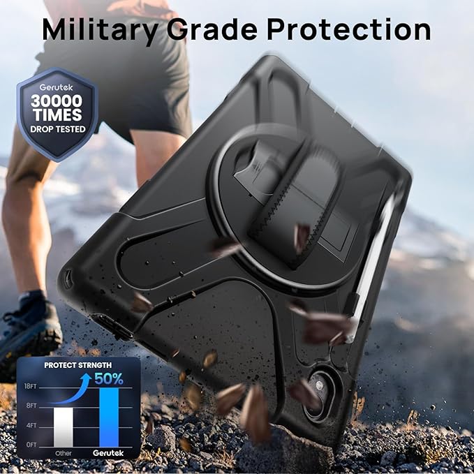 Gerutek Case for Samsung Galaxy Tab S10 FE+/ S10 FE Plus 2025 13.1 Inch Full-Body Drop Protective Case with Screen Protector Pen Holder 360° Rotate Hand Strap &amp StandShoulder Strap Black