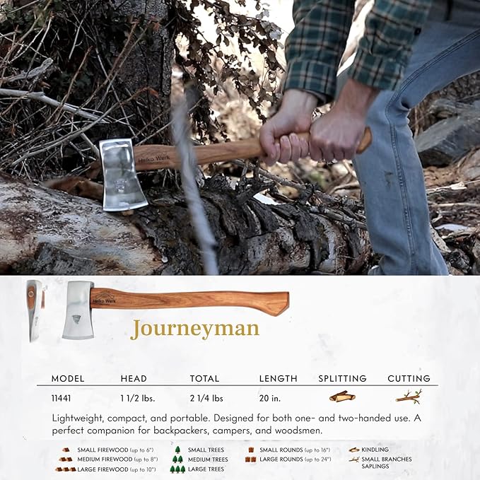 1844 Helko Werk Germany Classic Journeyman Pack Axe - Made in Germany Lightweight and Compact Backpacking Axe and Bushcraft Axe for Camping - Head 1.5 lbs, Handle 20 in. (Journeyman) #11441