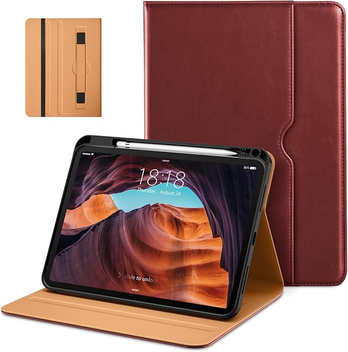 DTTO for iPad (A16) 11th Generation 11-inch &amp 10th Gen Case Brown | Premium Leather Business Cover with Pencil Holder Hand Strap &amp Pocket Corner Protection Auto Sleep/Wake for Work &amp