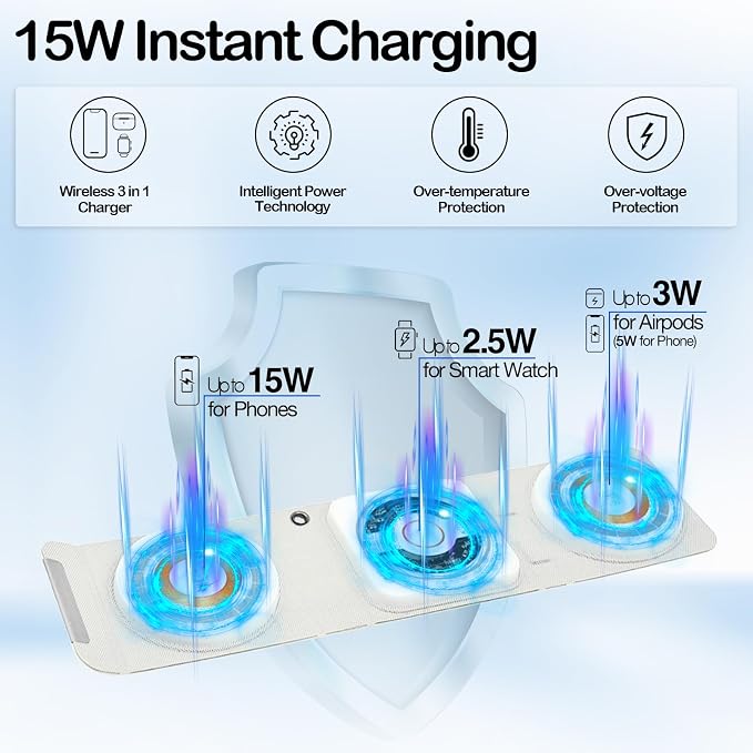 Fold 'N Style 3-in-1 Foldable Magnetic Wireless Charger Keychain 15W Travel Fast Charger for iPhone 15/14/13/12 Pro/Max/Plus Apple Watch AirPods Samsung Galaxy/Note Charge 2 Phones Simultaneously