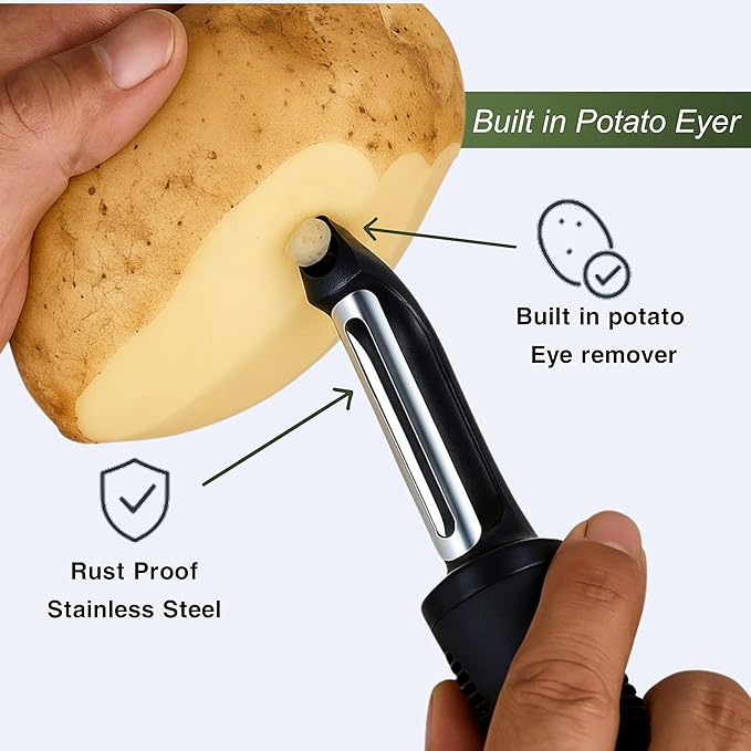 Black Premium Vegetable Peeler | Ultra-Sharp Swivel Stainless Steel Blade | Ergonomic Soft Grip Handle | Mango Peeler | Dishwasher Safe | Skin Peeler for Veggies & Fruits | Potato Peeler & Eye Remover
