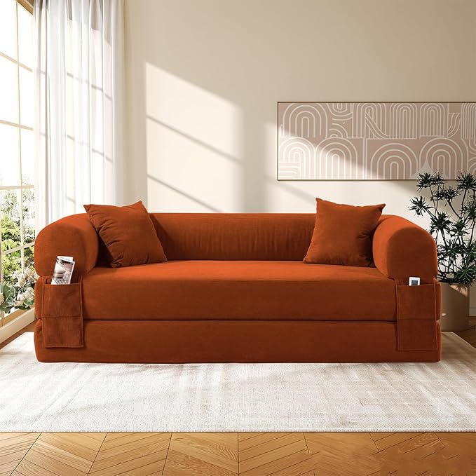 Convertible Futon Sofa Bed,80" Folding Pull Out Couch Bed with Pillows & Storage Pocket, Oversized Queen Sleeper Sofa in a Box,Corduroy Boneless Couch for Living Room,Orange