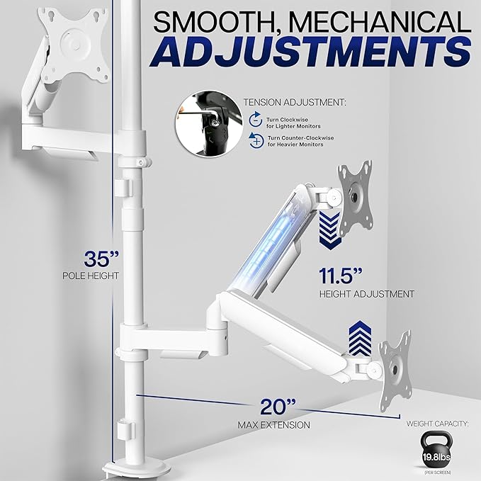 VIVO Dual Monitor Arm Extra Tall Mount for Screens up to 32 inches, Mechanical Height Adjustment, Full Articulating Heavy Duty VESA Stand with Desk C-clamp and Grommet, White, STAND-V012KW