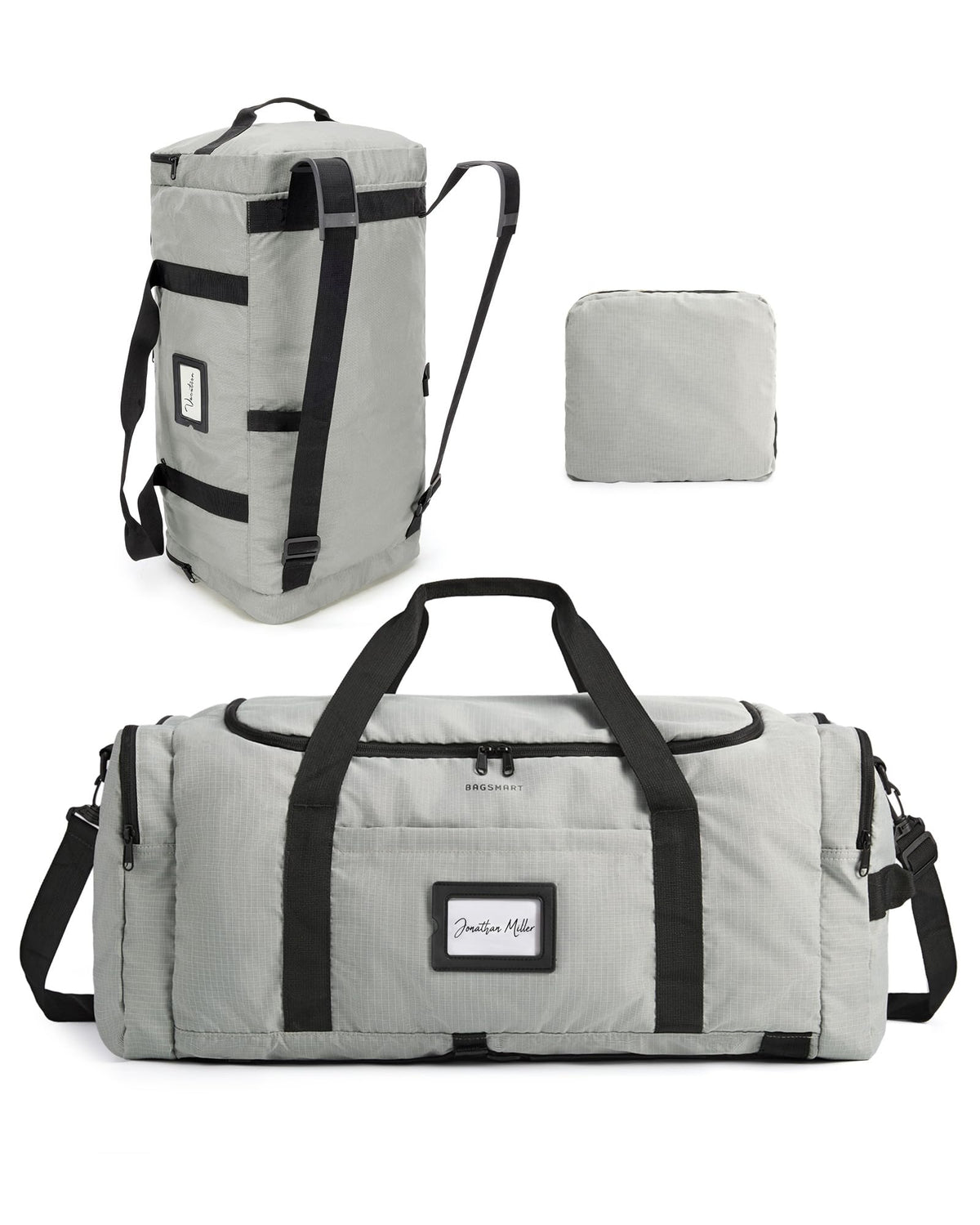 BAGSAMRT 60L Foldable Duffle Bag for Travel, Large Travel Duffel Bag for Men, 4 in 1 Travel Backpack, Carry on Weekender Bag, Gray