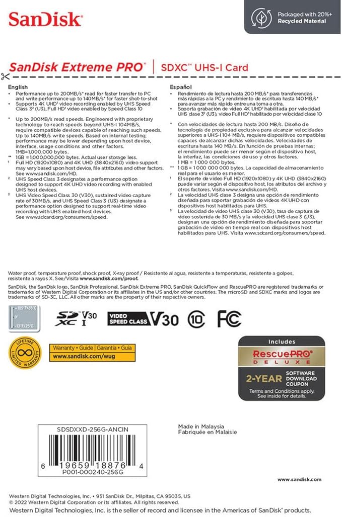 SanDisk Extreme PRO 256 GB Class 3/UHS-I (U3) V30 SDXC