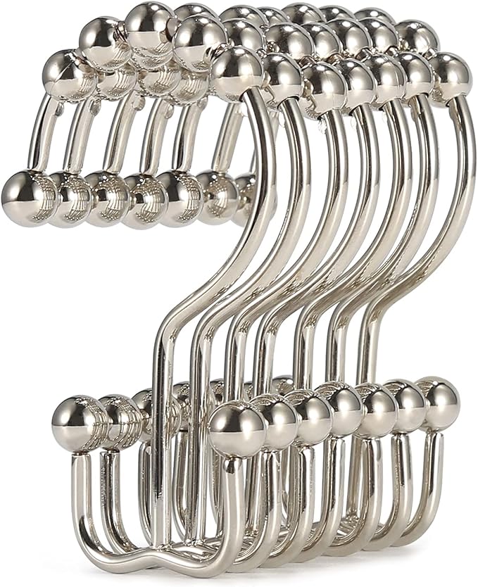 Shower Curtain Hooks, Goowin Shower Curtain Rings, Stainless Steel Shower Curtain Hooks Rust Proof Free Sliding Double Shower Hooks for Curtain, Shower Curtains & Liners (Nickel)