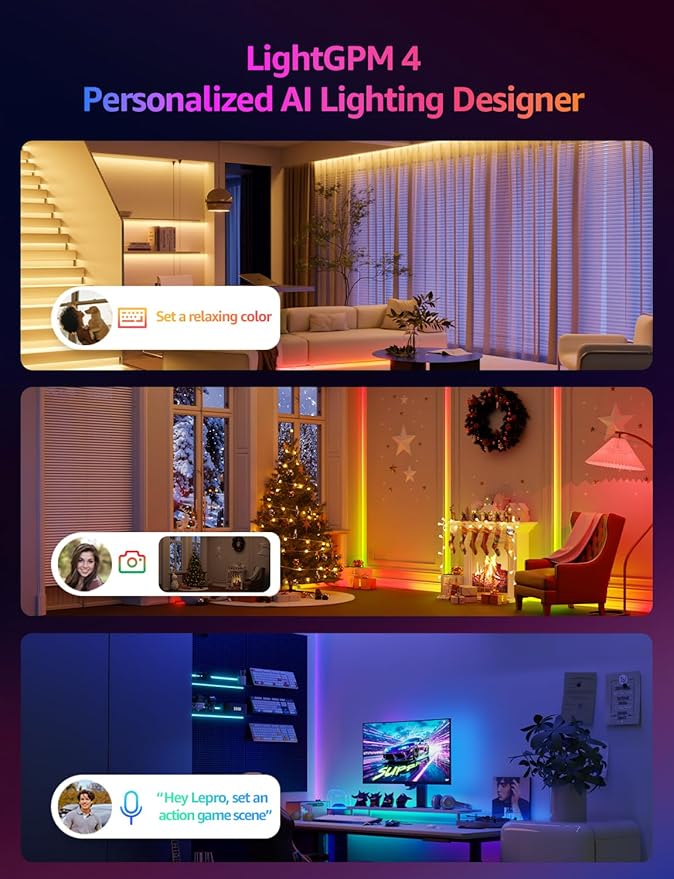 Lepro S1 AI LED Strip Lights for Christmas Decorations, 65.6ft Smart RGB Light Strips with IC and Rainbow Chasing Effects, Personalized Al Lighting Designer, No Remote, 2.4GHz Wi-Fi & Bluetooth