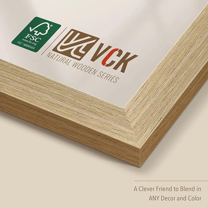 VCK 11x14 Beige Oak Picture Frames 3 Pack, High-End Wood Wide Border Poster Frame, Multi-Directional Display Family Photos, Office Prints, Studio/Gallery/Home Artwork
