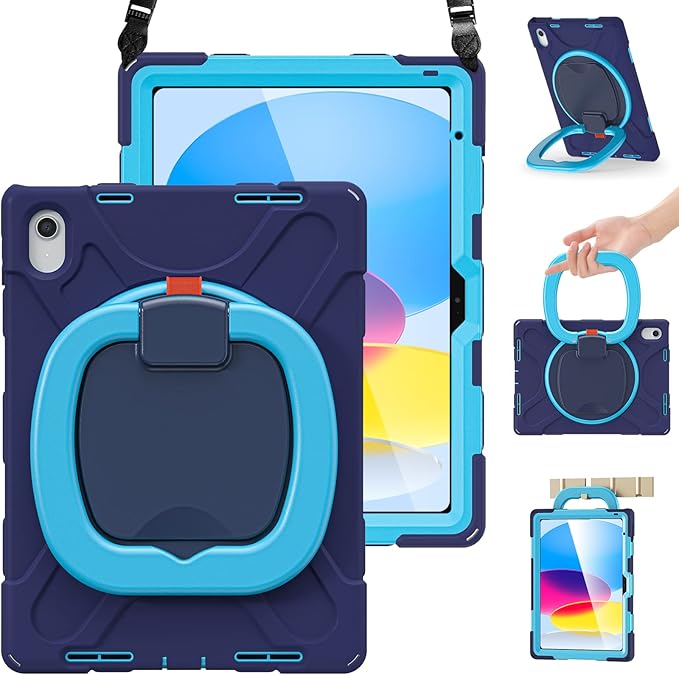 BRAECN Case for iPad (A16) 11th/10th Generation 11”/10.9'' 2025/2022, Heavy Duty Shockproof Cover with Pencil Holder/Screen Protector/Rotating Handle Grip/Stable Kickstand/Shoulder Strap, Navy Blue