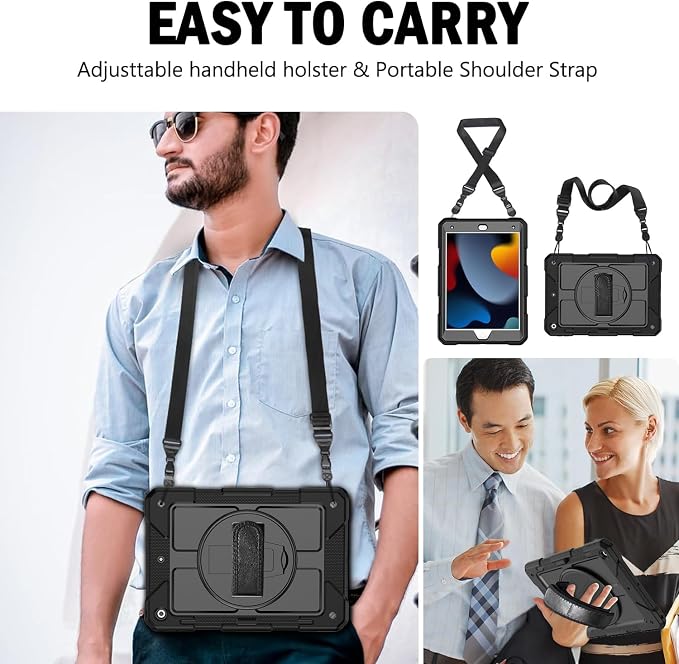 BMOUO for iPad 9th/8th/7th Generation Case 10.2 Black | Shockproof Rotating Stand Shoulder Hand Strap iPad 9th/8th/7th Generation Case with Pen Holder for iPad 10.2“ 2021/2020/2019