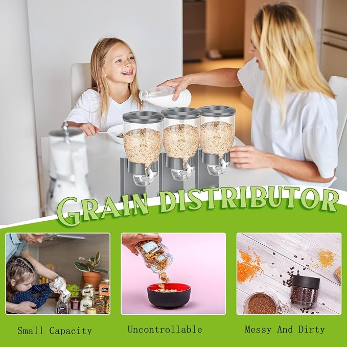Umigy 1 Pack Triple Indispensable Dry Food Dispenser 67oz Each Capacity Cereal Container for Storage Preserving Dispensing Kitchen Rice Candy Nuts Dog Food Granola Snack Gumball Countertop (Gray)