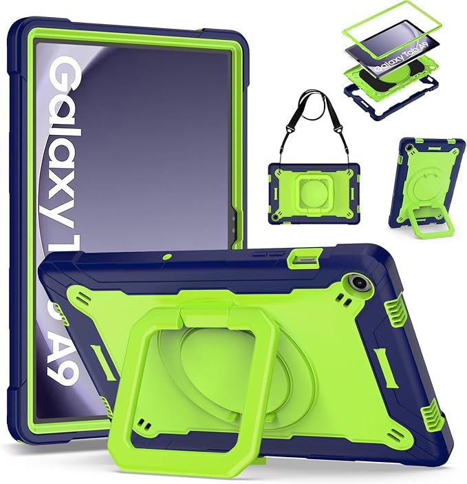 DETUOSI Galaxy Tab A9 Plus Case - Shockproof with 360 Stand &amp Strap Heavy Duty for SM-X210/X216/X218 Black