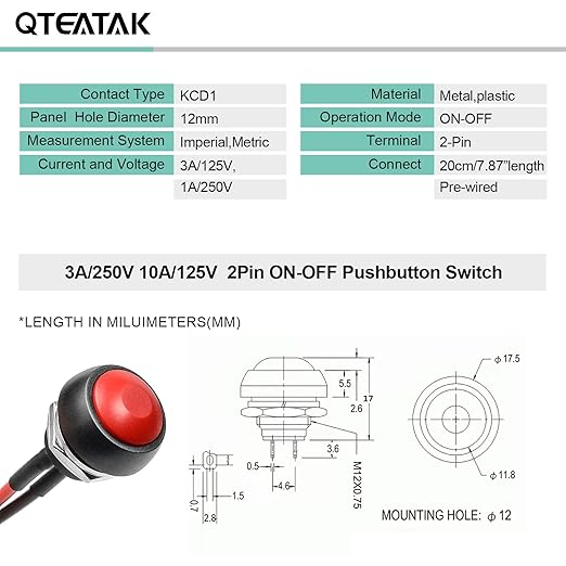 QTEATAK 1/2"(12mm) Pre-Wired Mounting Hole On/Off Red Mini Round Waterproof Momentary Push Button Switch JF-33B -2Pack