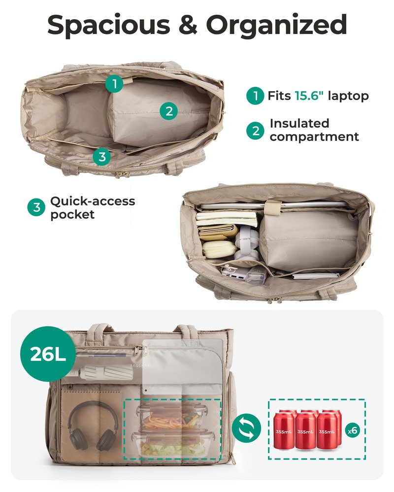 BAGSMART Laptop Tote Bag, Lunch Tote Work Bag with Lunchbox Compartment, Large Puffer Teacher Nurse Tote Large Shoulder