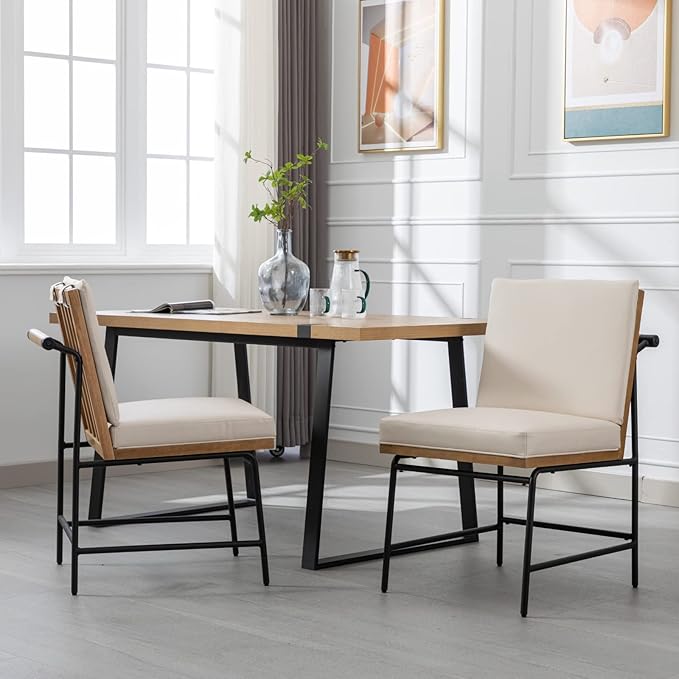 HEAH-YO Modern Dining Chairs Set of 2, Upholstered PU Leather Dining Room Chairs with Backrests, Armless Side Chair for Kitchen, Beige